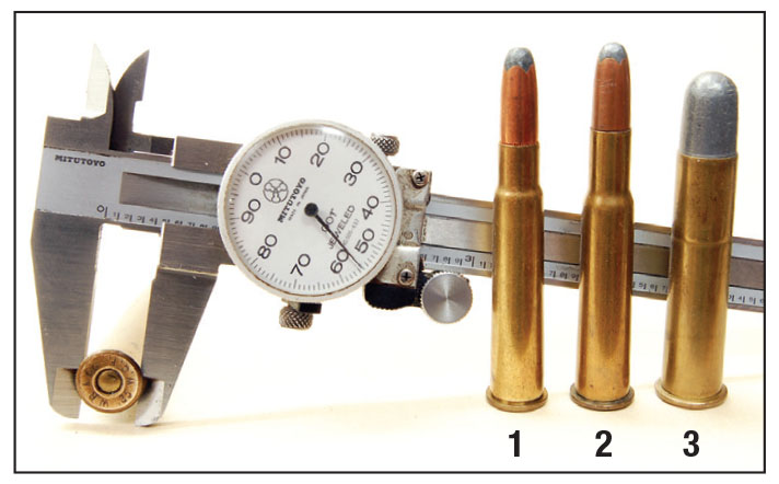 Base dimensions of the (1) 35 Winchester were copied from (2) 303 British and (3) 30 U.S. Army, not the larger 45-70 as one would expect.